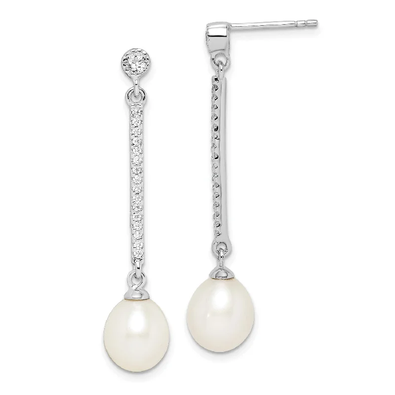 Women’s long earrings-Sterling Silver 8MM Pearl and Cubic Zirconia Drop & Dangle Earrings