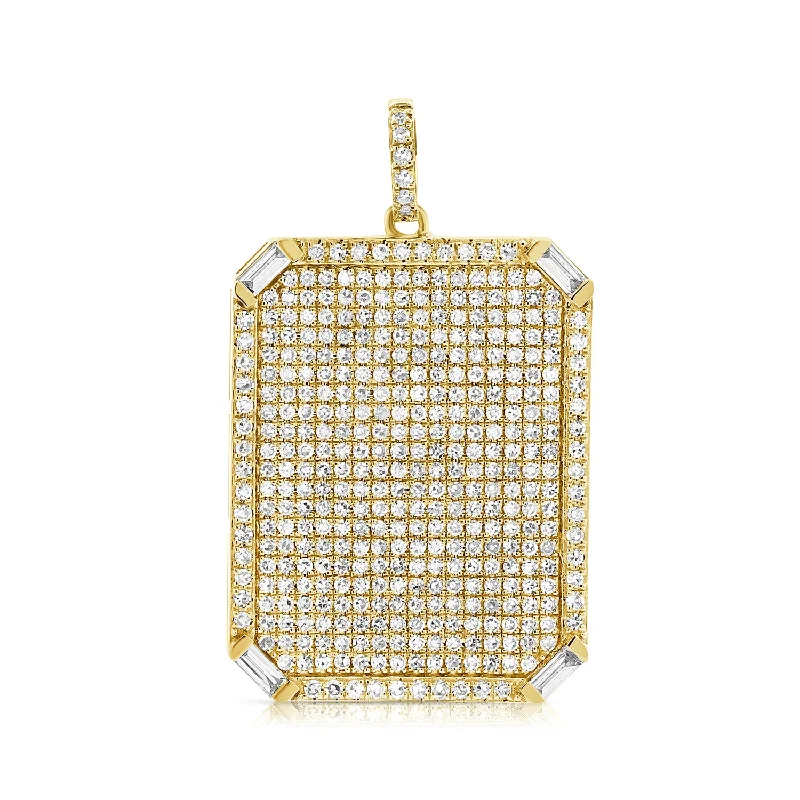 Women’s statement pendant necklace-14K Yellow Gold Round+Baguette Diamond Rectangle Pendant