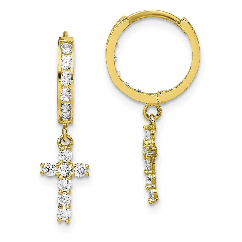 Women’s stud earrings-10KT Yellow Gold Cubic Zirconia Hinged Hoop Cross Earrings