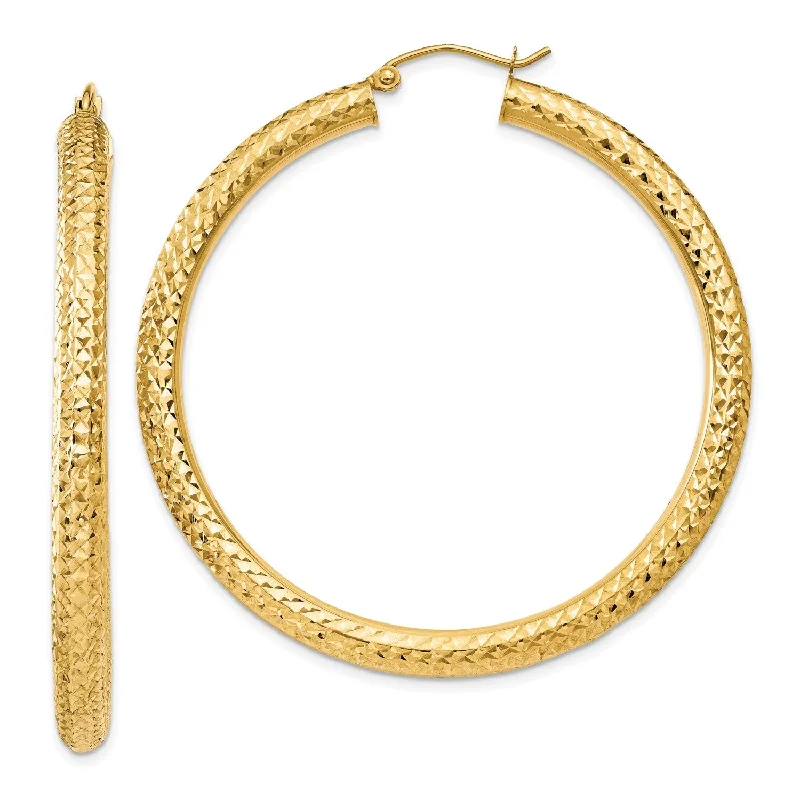 Women’s playful earrings-14KT Yellow Gold 50X4MM Diamond-cut Hoop Earrings