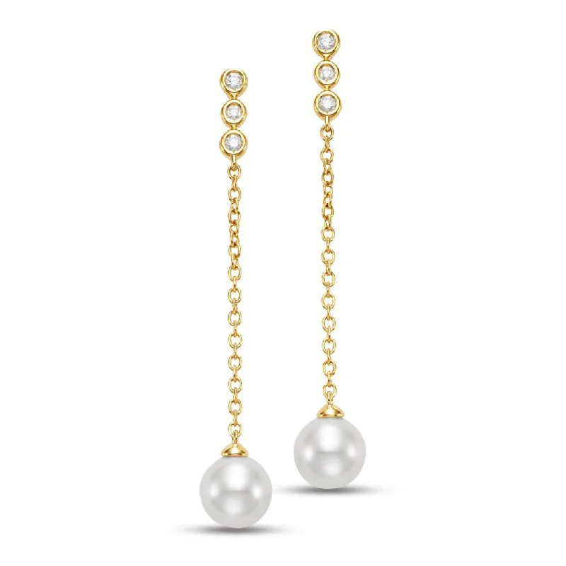 Women’s sparkling earrings-Triple Diamond & Pearl Drop Earrings