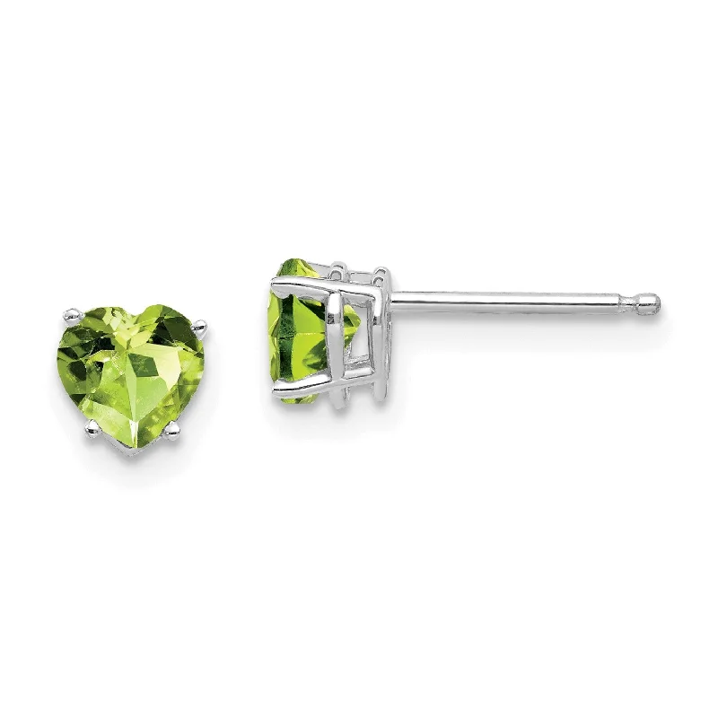 Women’s personalized earrings-5MM Heart Shape Peridot Stud Earrings in 14KT White Gold