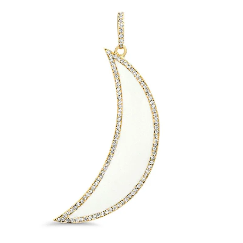 Women’s classy necklace-WHITE ENAMEL MOON DIAMOND PENDANT, GOLD