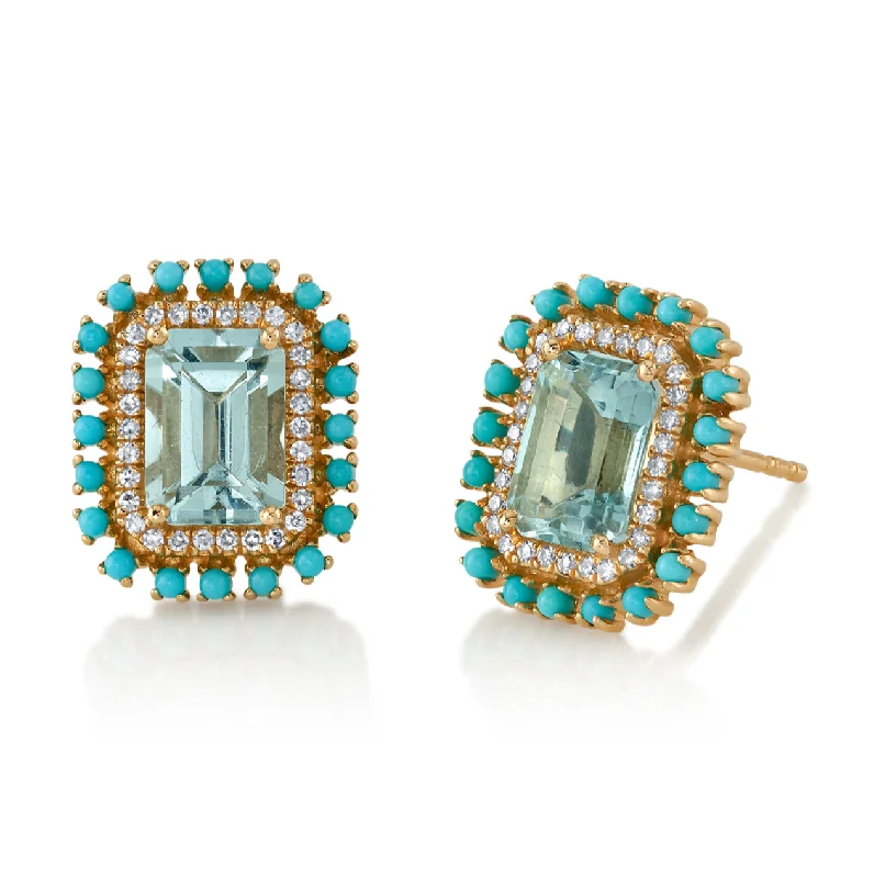 Women’s rose gold engagement ring set-Emerald-Cut Topaz Studs with Diamond and Turquoise