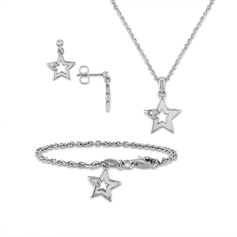 Women’s colorful earrings-Diamond Accent Star Earrings Pendant Bracelet Set in Sterling Silver. Chain not Included