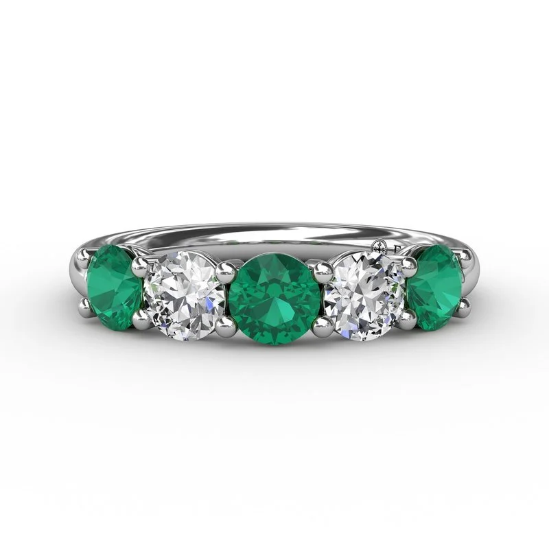 Women’s gold diamond engagement ring-Chunky Emerald and Diamond Shared Prong Anniversary Band W6207E