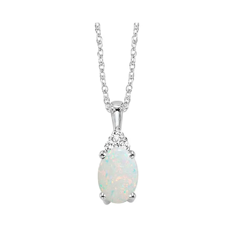 Women’s minimalist necklace-10K White Gold Opal Diamond Pendant