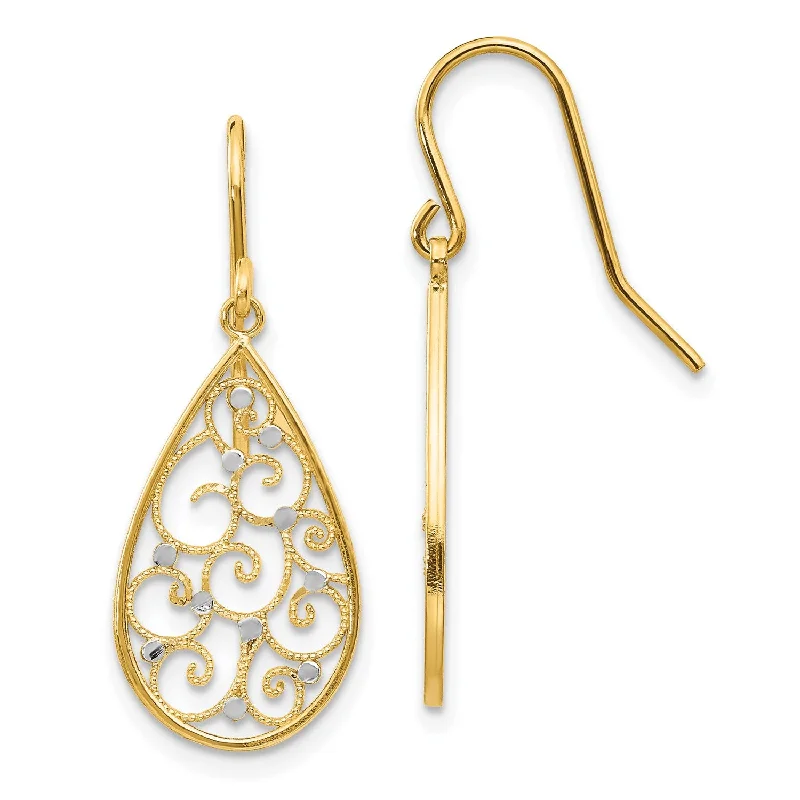 Women’s abstract design earrings-14KT Yellow Gold With Rhodium Plating 29X11MM Teardrop Earrings