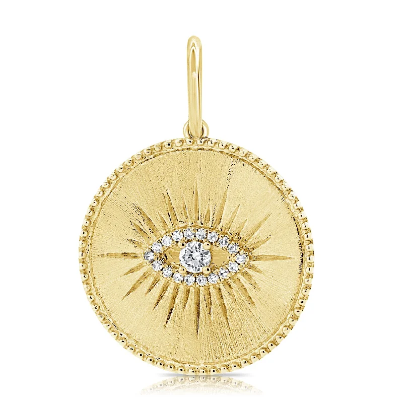 Women’s long chain necklace-14K Yellow Gold Diamond Evil Eye Matte Finish Pendant