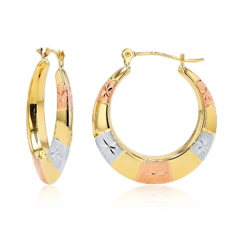 Women’s infinity earrings-10KT Gold Tri-Color 3.6X23MM Diamond-cut Hoop Earrings