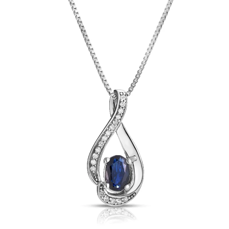 Women’s gold chain necklace-Oval Sapphire Diamond Swirl September Birthstone Pendant in Sterling Silver