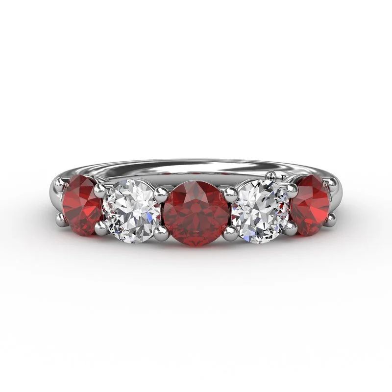 Women’s vintage-style engagement ring-Chunky Ruby and Diamond Shared Prong Anniversary Band W6207R