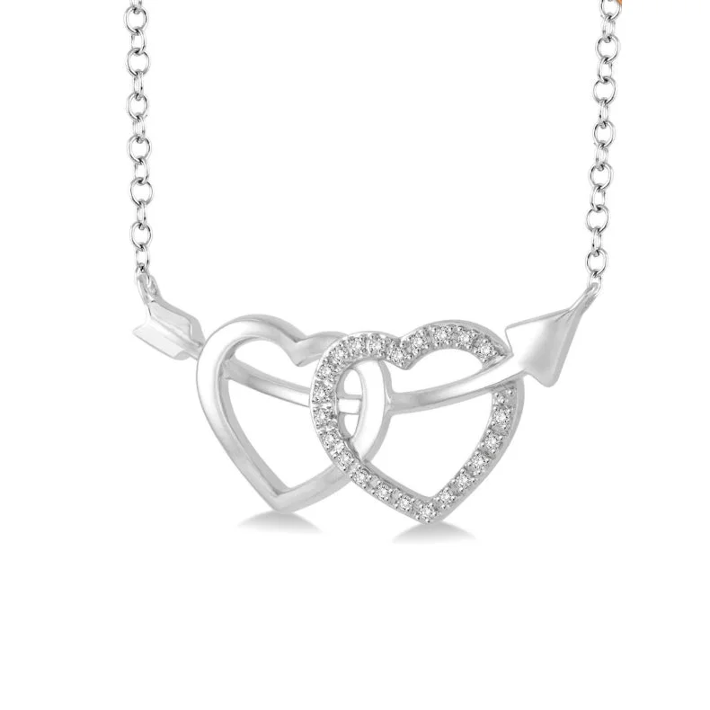 Women’s long chain necklace-Sterling Silver 0.05ctw Diamond Double Heart Pendant