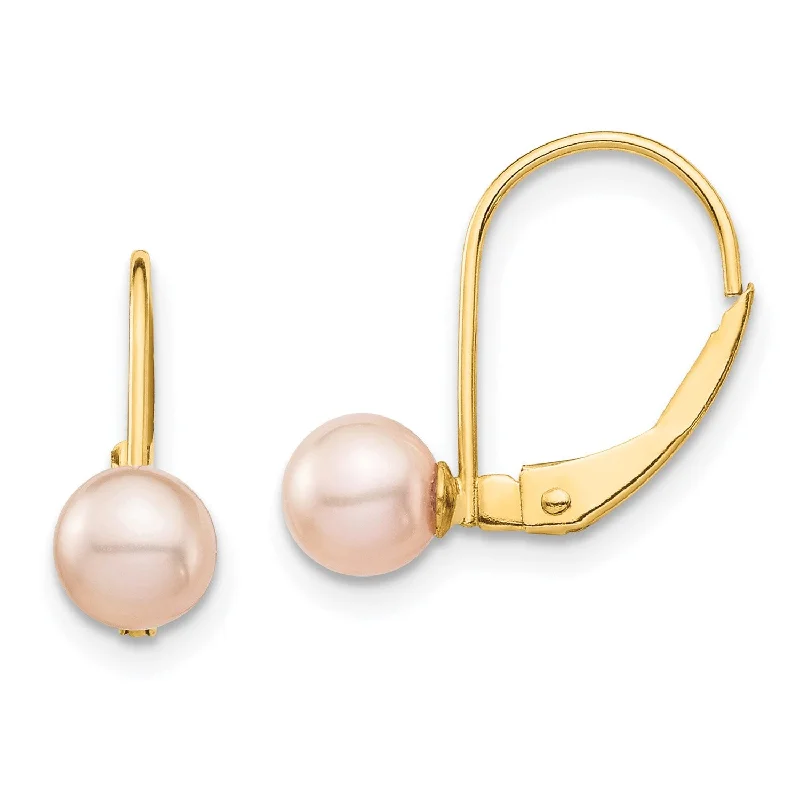 Women’s minimalist earrings-5MM Round Pearl Leverback Earrings in 14KT Yellow Gold