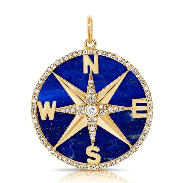 Women’s delicate chain necklace-14K Yellow Gold Diamond + Lapis Compass Pendant