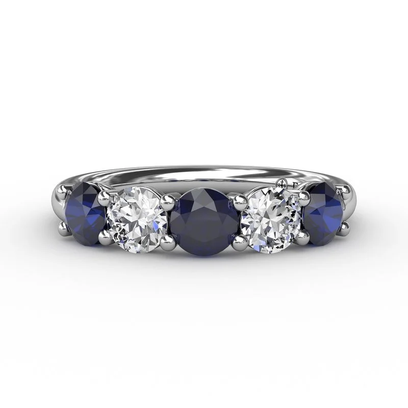 Women’s wedding and engagement ring set-Chunky Sapphire and Diamond Shared Prong Anniversary Band W6207S