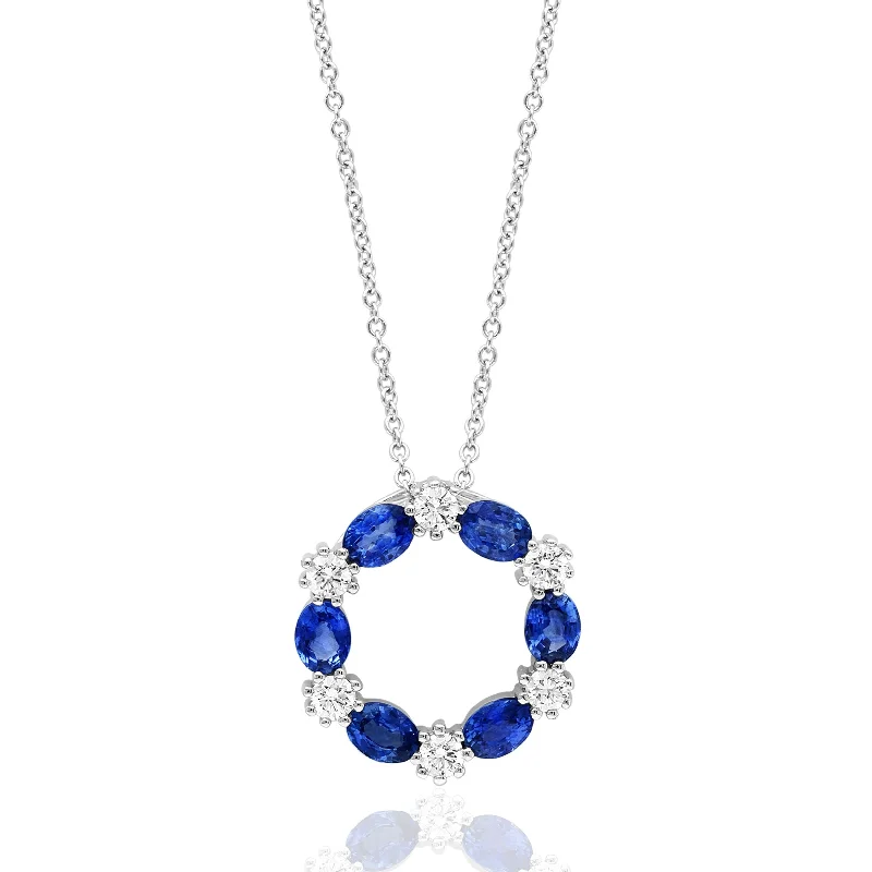 Women’s pendant necklace-14K White Gold Blue Sapphire and Diamond Wreath Pendant with Adjustable Chain