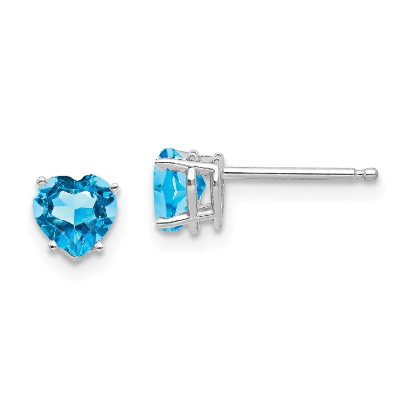 Women’s trendy earrings-5MM Heart Shape Swiss Blue Topaz Stud Earrings in 14KT White Gold