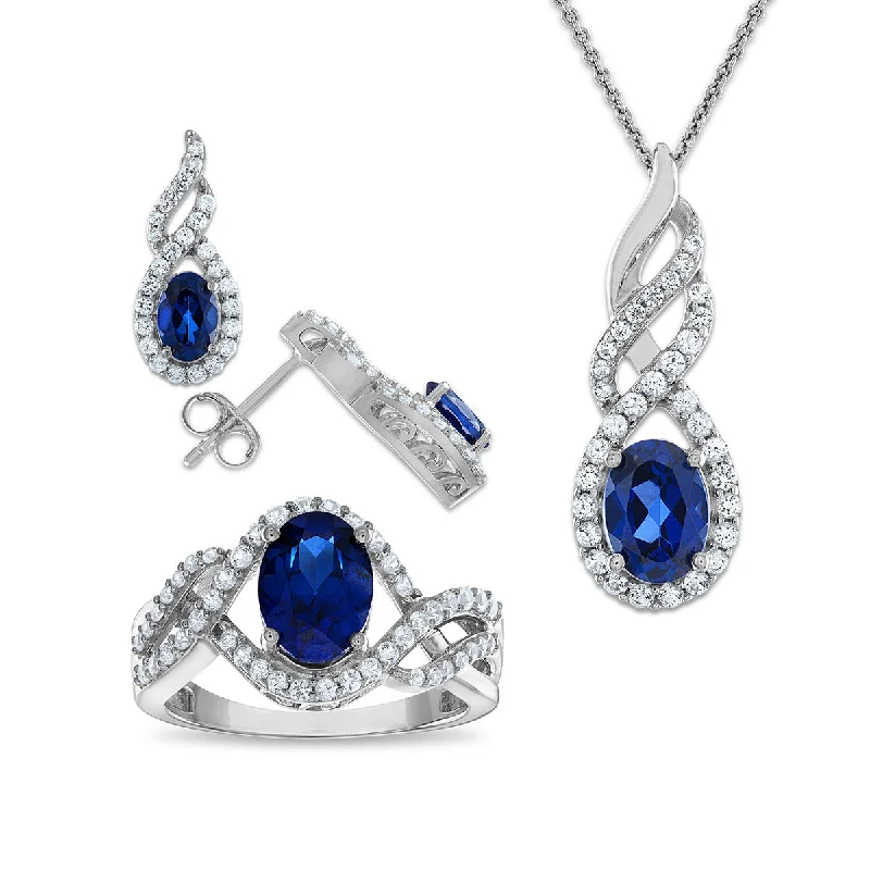 Women’s wedding earrings-Blue and White Sapphire Ring Pendant Earrings Set in Sterling Silver