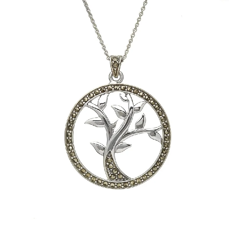 Women’s nameplate necklace-Sterling Silver Marcasite Tree of Life Pendant with Chain - ANU1108