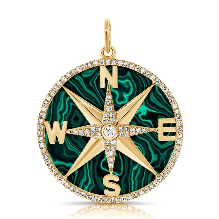 Women’s anniversary pendant necklace-14K Yellow Gold Diamond + Malachite Compass Pendant