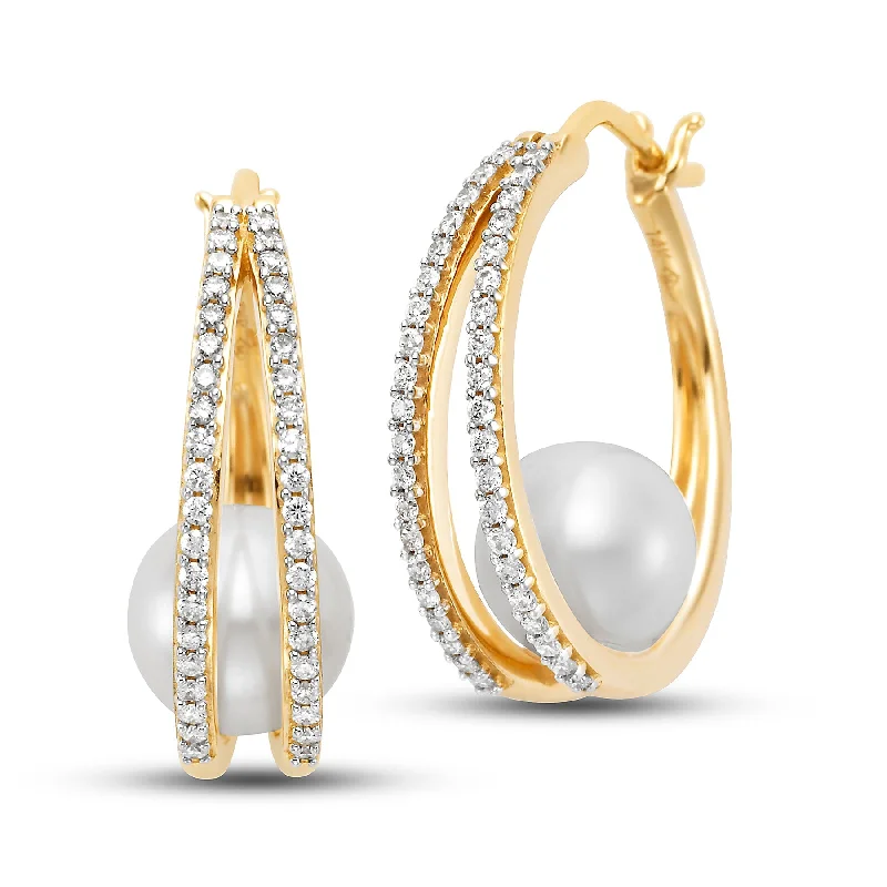 Women’s moonstone drop earrings-Pearl & Pavé Diamond Hoop Earrings