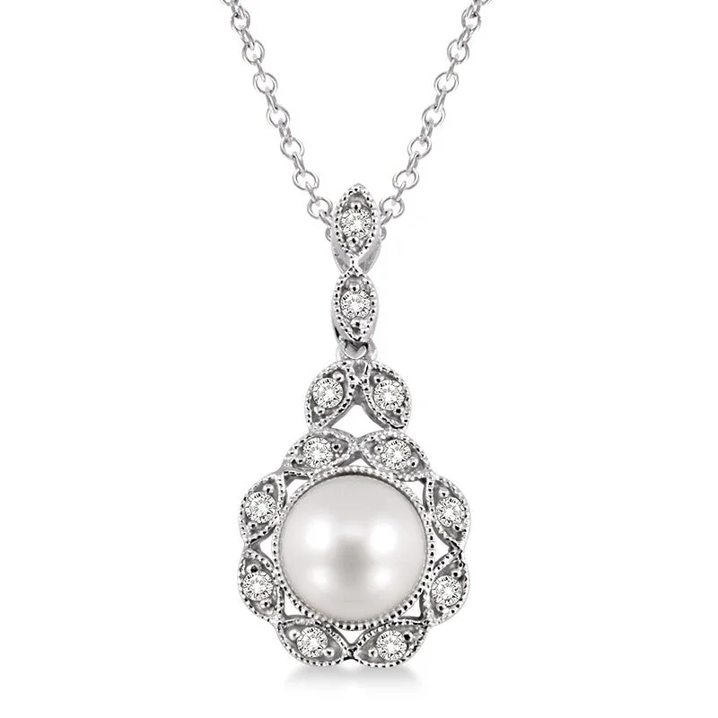 Women’s statement necklace-Sterling Silver 1/20ctw Diamond and Pearl Pendant