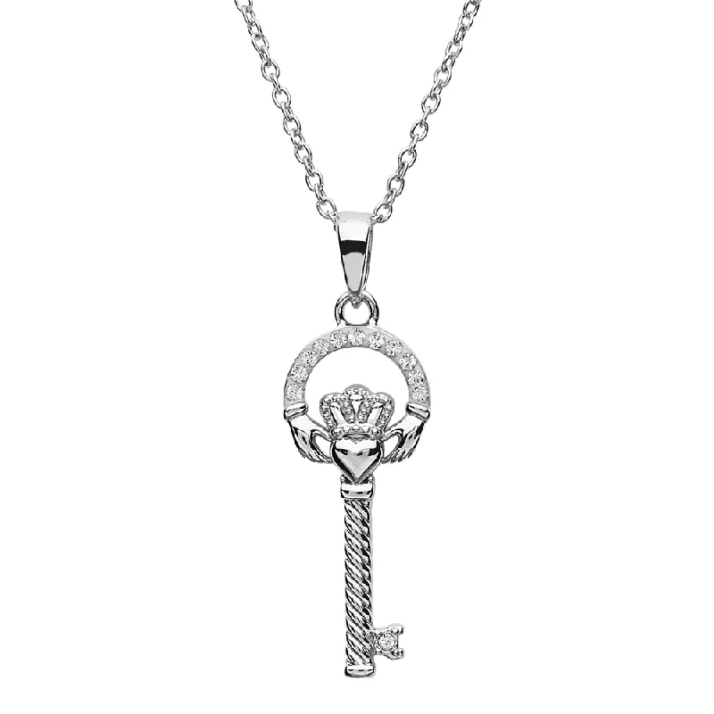 Women’s engraved gold necklace-Sterling Silver Claddagh Key Pendant with Chain Embellished with White Swarovski Crystals SW103