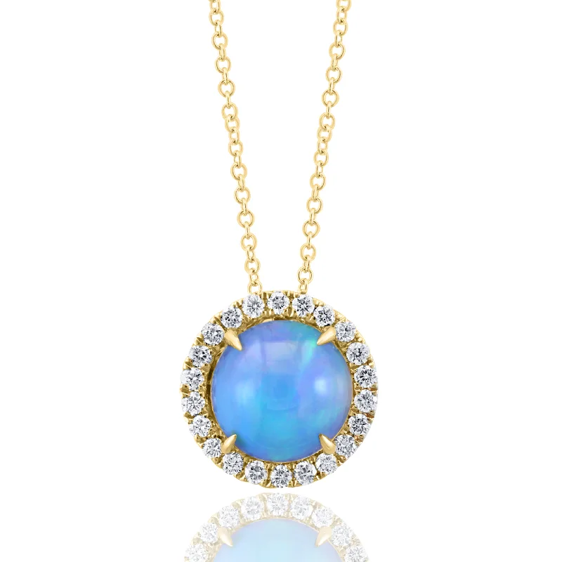 Women’s personalized necklace-18K Gold Ethiopian Opal Pendant with Diamond Halo on Italian Rolled Link Chain