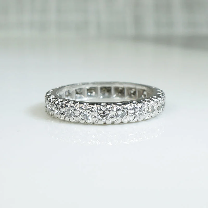 Women’s radiant cut engagement ring-Mid Century Diamond & Platinum Eternity Band