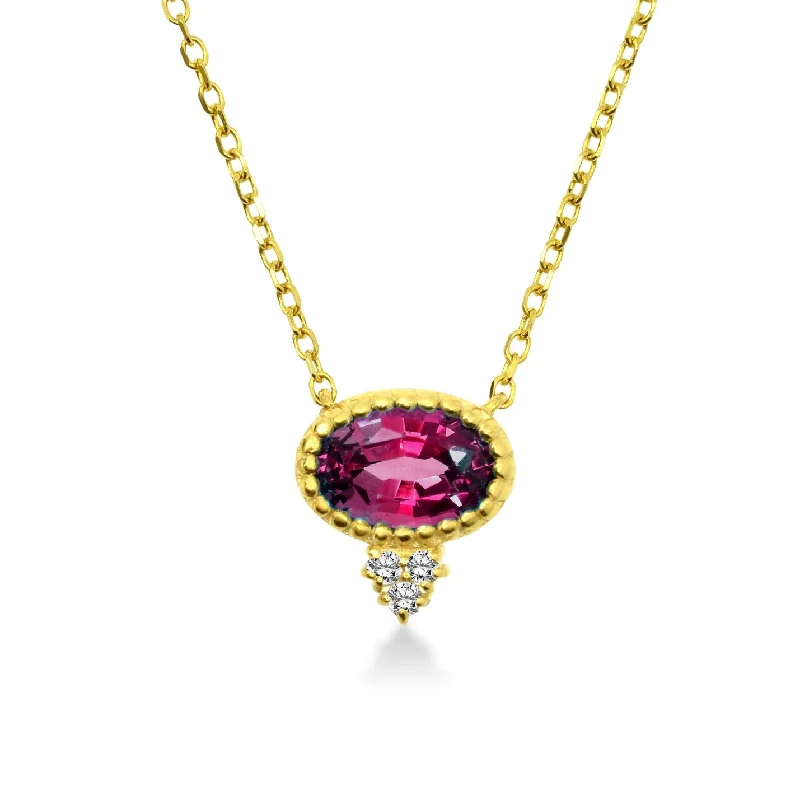 Women’s pearl necklace-Oval Rhodolite and Diamond Pendant in 14K Yellow Gold