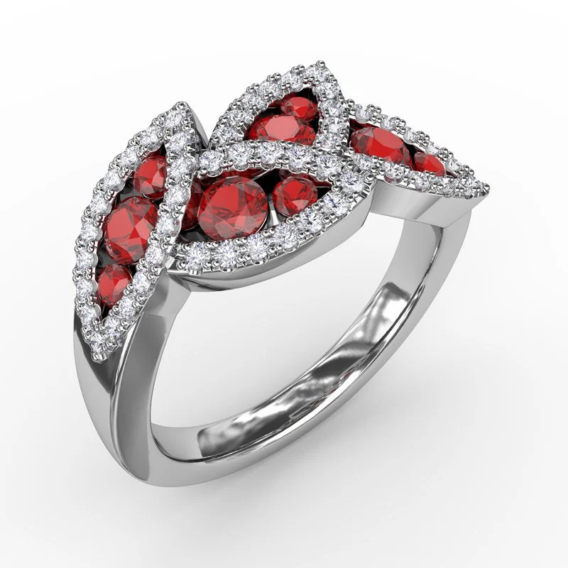 Women’s engagement ring with a large diamond-Glam Galore Ruby and Diamond Leaf Ring R1597R