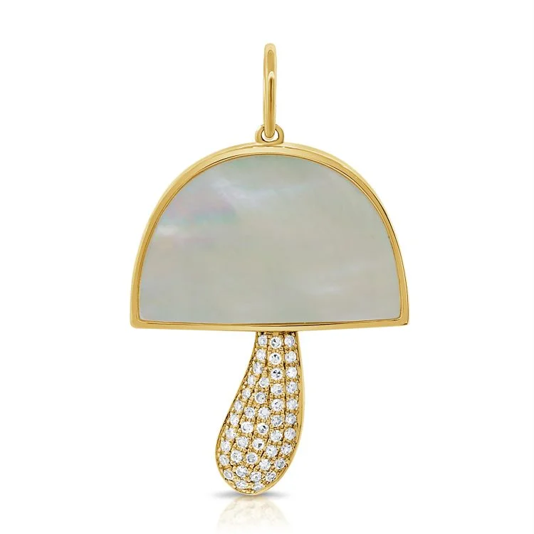 Women’s bold statement necklace-14K Yellow Gold Diamond + Mother of Pearl Mushroom Pendant