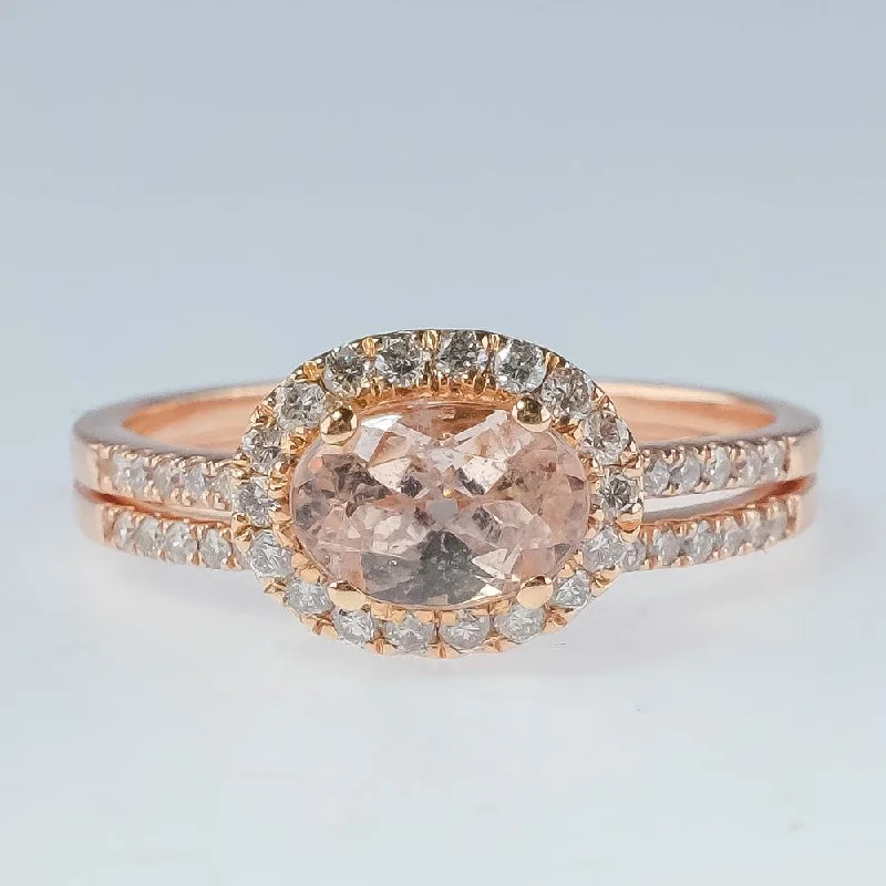 Women’s solitaire engagement ring-New 14K Rose Gold 1.00ct Morganite & Diamond Accented Halo East West Bridal Set