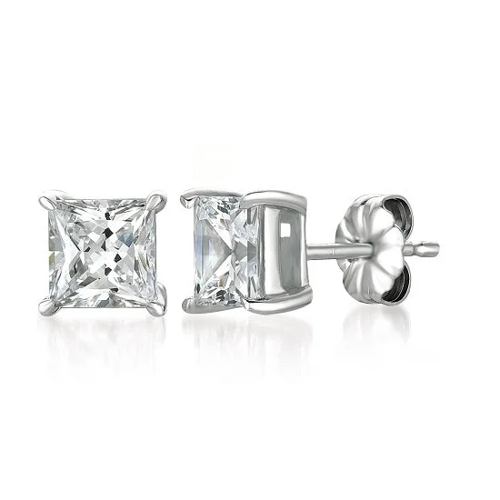 Women’s wedding earrings-Crislu Platinum Plated Sterling Silver Princess Cut Cubic Zirconia Stud Earrings