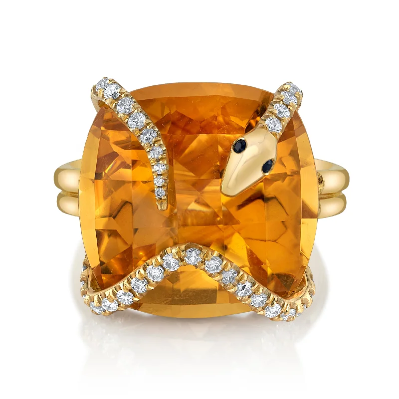 Women’s emerald diamond engagement ring-Citrine Snake on the Rocks with Diamonds