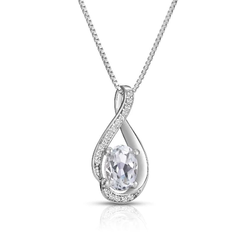 Women’s crystal necklace-Oval White Topaz Diamond Swirl Pendant in Sterling Silver