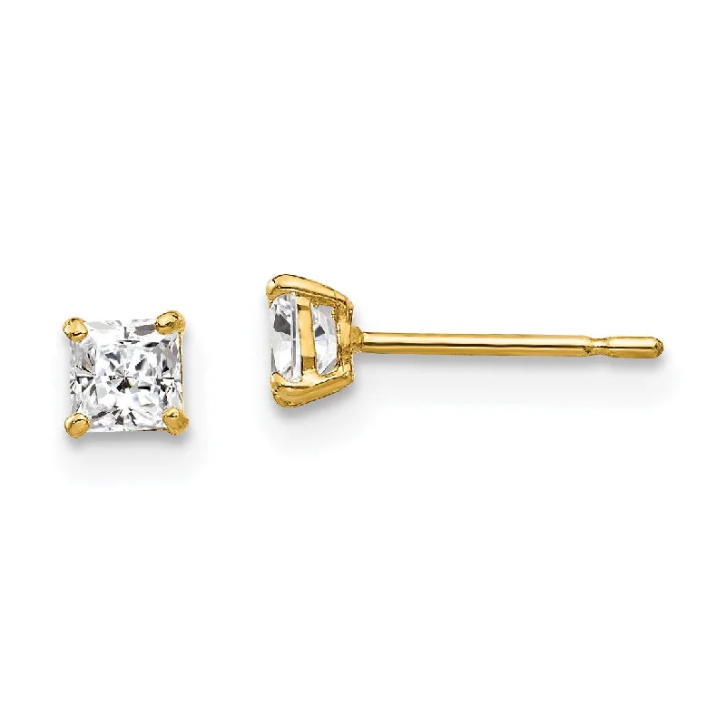 Women’s asymmetrical earrings-14KT Yellow Gold 3MM Square Cubic Zirconia Stud Earrings