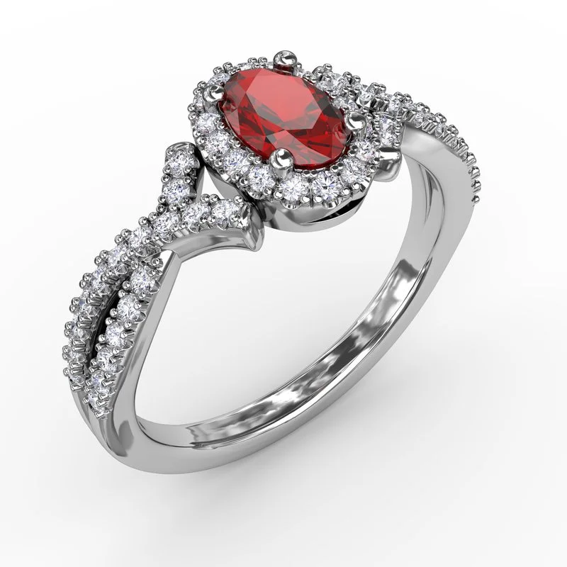 Women’s stunning engagement ring-Swirls of Love Ruby and Diamond Twist Ring R1662R