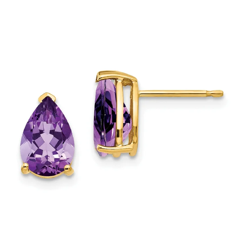 Women’s butterfly earrings-9X6MM Pear Amethyst Stud Earrings in 14KT Yellow Gold