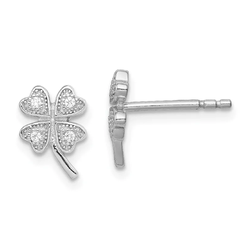 Women’s designer earrings-Sterling Silver Cubic Zirconia 10X7MM Stud 4-Leaf Clover Earrings