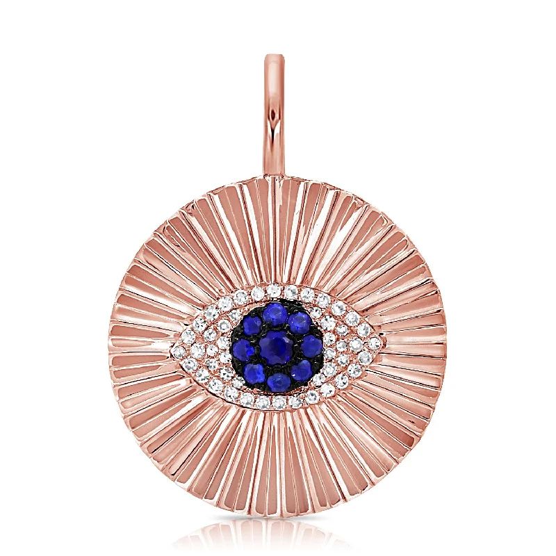 Women’s love necklace-14K Rose Gold Diamond & Sapphire Evil Eye Fluted Charm Pendant