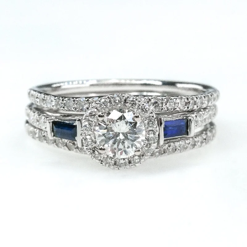 Women’s timeless solitaire engagement ring-1.25ctwt Diamond w/Sapphire Double Band Bridal Set 14K White Gold