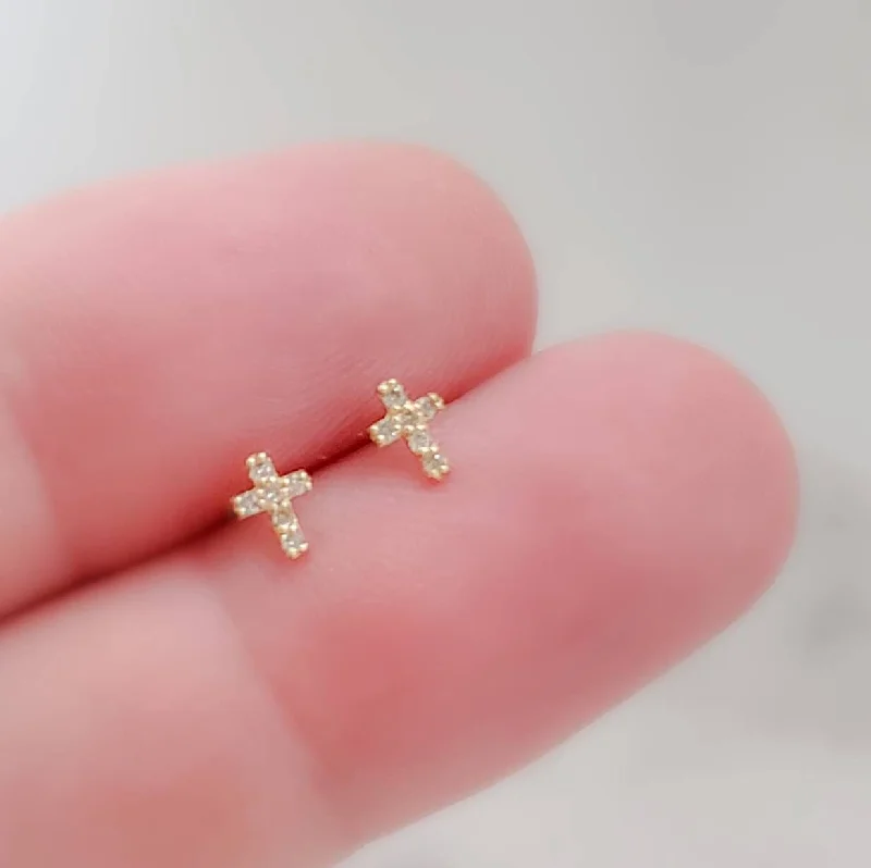 Women’s rose gold diamond engagement ring-Tiny Diamond Cross Studs