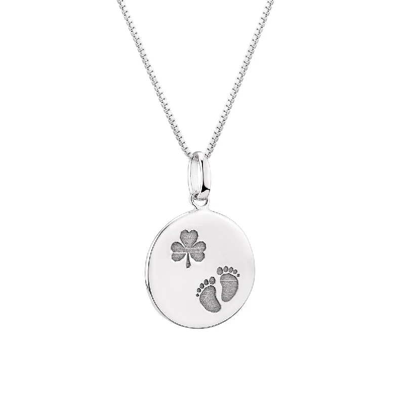 Women’s chunky necklace-Sterling Silver Celtic Shamrock and Baby Feet Disc Pendant with Chain S46891