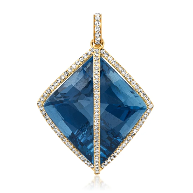 Women’s diamond necklace-DREAMY LONDON BLUE TOPAZ DIAMOND PENDANT, 14KT GOLD