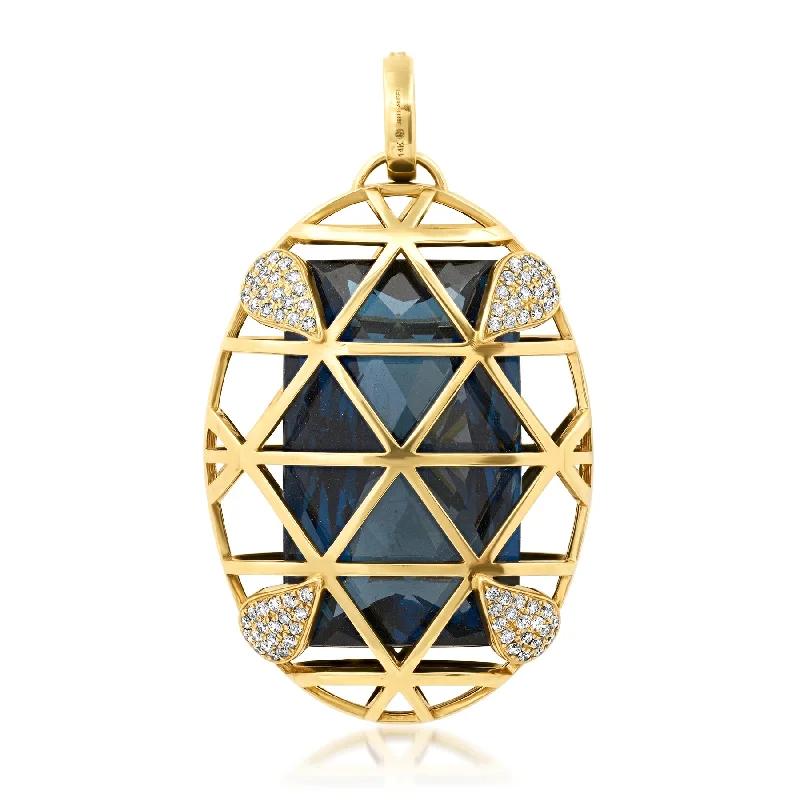 Women’s silver necklace-CAGED LONDON BLUE TOPAZ DIAMOND PENDANT, 14KT GOLD