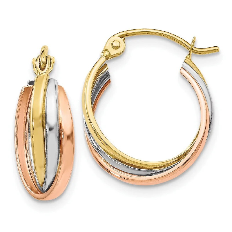 Women’s diamond drop earrings-10KT Gold Tri-Color 14MM Hinged Hoop Earrings