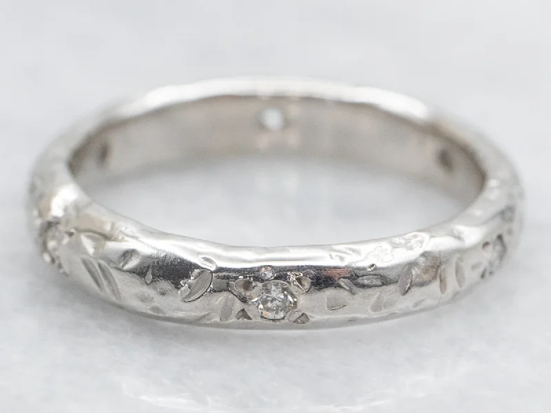 Women’s radiant cut engagement ring-Vintage Platinum Diamond Patterned Eternity Band