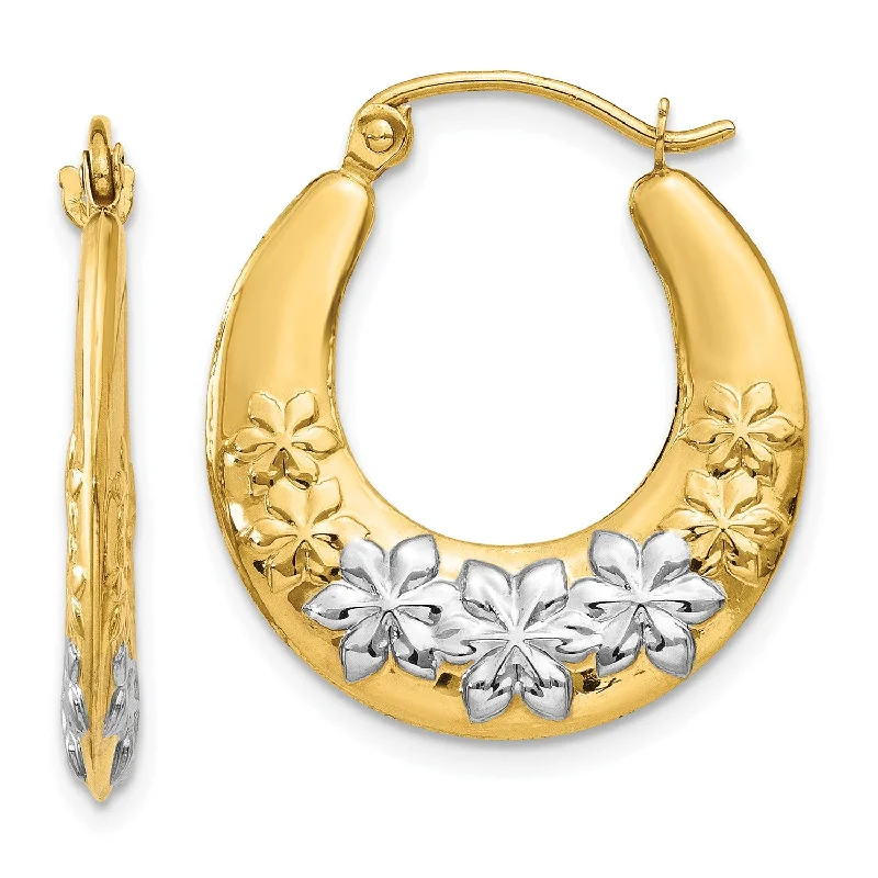 Women’s trendy drop earrings-14KT Yellow Gold With Rhodium Plating 22X19MM Flower Hoop Earrings